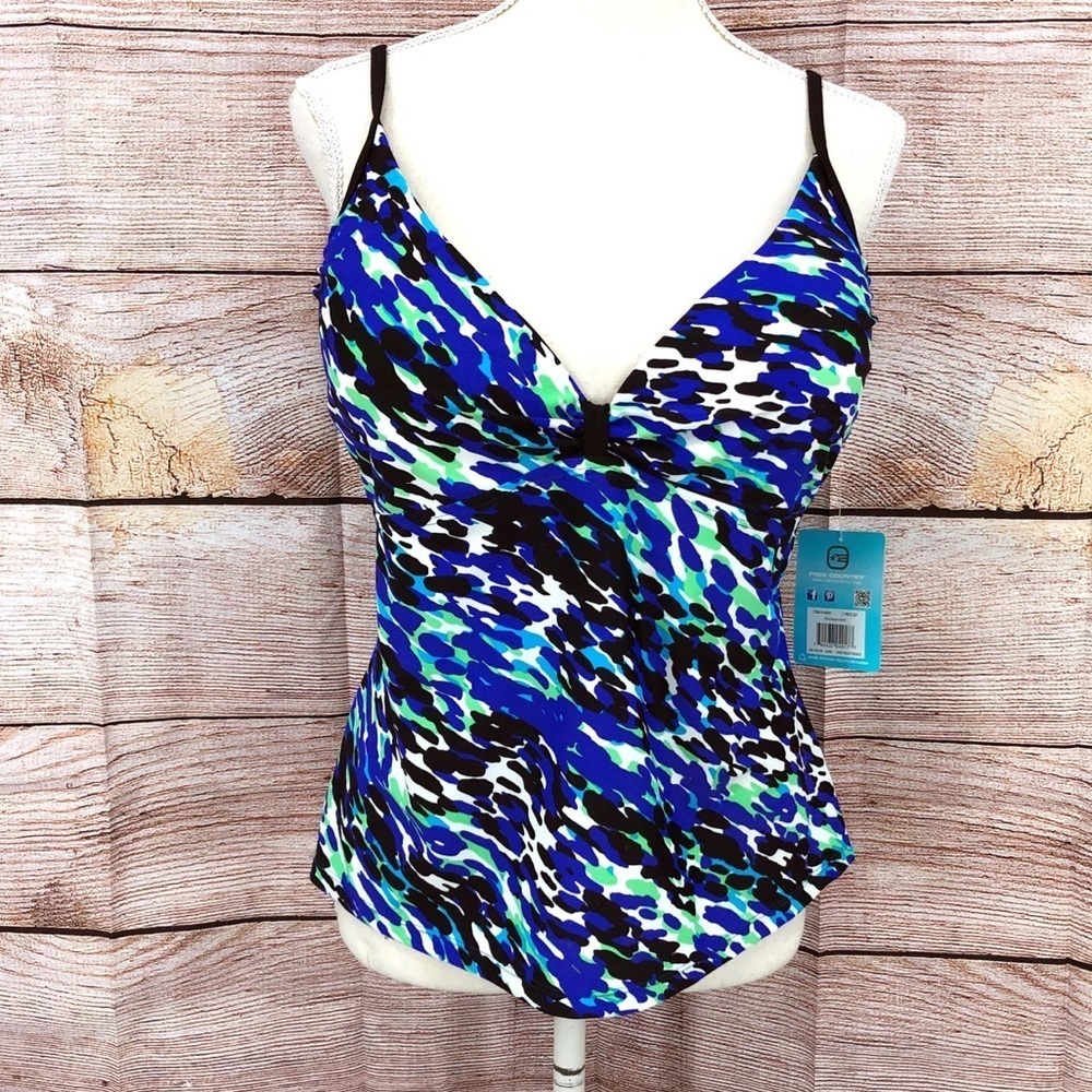 NWT Free Country Black and Blue Padded Tankini Top Size XXL